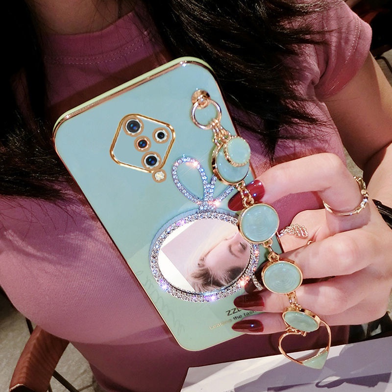 Ốp Điện Thoại Họa Tiết Thỏ Gắn Kèm Gương Trang Điểm Và Dây Đeo Tay Cho Vivo S1 Pro