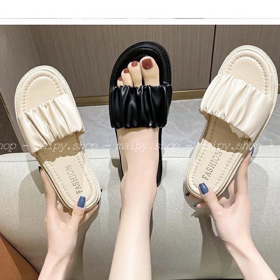 Dép nữ quai ngang da nhún cao 3cm đế bánh mì cao su mềm siêu êm chân chống trơn trượt Maipy DL299