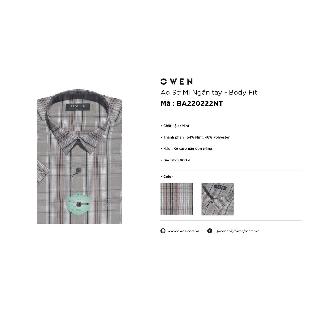 Áo Sơ Mi Nam Ngắn Tay OWEN BA220222NT Somi Công Sở Cao Cấp Màu Caro Nâu Đen Trắng Vải Bạc Hà Dáng Suông Tà Bằng Có Túi