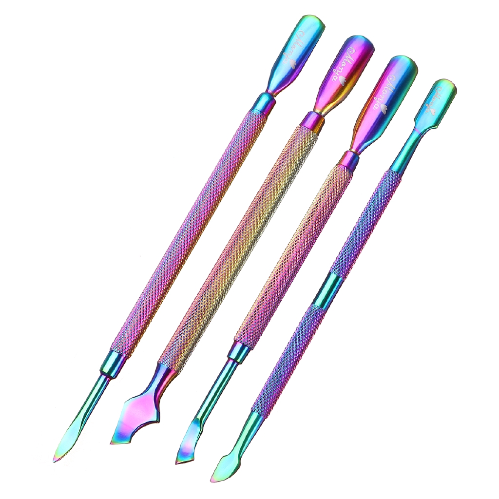 Monja 4 Style Nail Art Dual End Plating Stainless Steel Cuticle Pusher Spoon Dead Skin Removal Manicure Tool