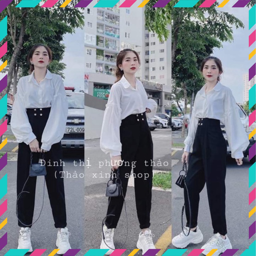 Set Quần Baggy Cạp Cao Sơ Mi Trắng