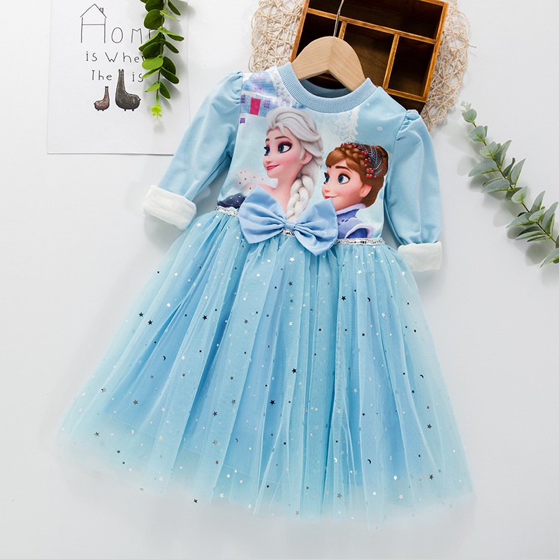 SUGE Đầm Công Chúa Aisha Tay Ngắn Phối Lưới Họa Tiết Hoạt Hình Frozen Dễ Thương Cho Bé Gái