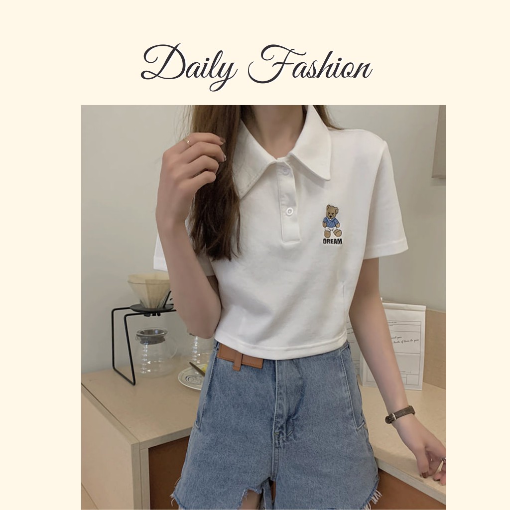 Áo polo thêu gấu - Áo thun nữ croptop thêu gấu ngắn tay màu trắng hottrend | BigBuy360 - bigbuy360.vn