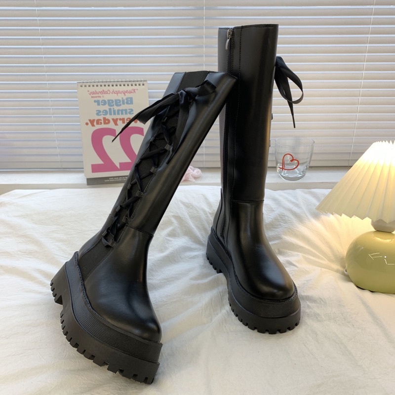 Boot đùi nữ đế bánh mì phối viền chun kết hợp dây nơ xinh xắn
