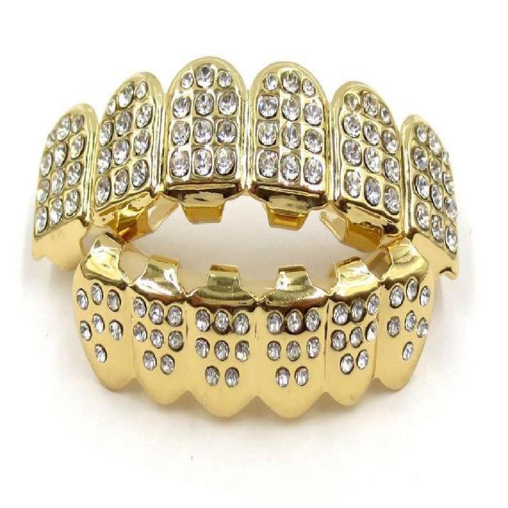 Bộ Vỉ Nướng Răng Trên Và Dưới Đính Kim Cương Nhân Tạo Màu Vàng Thời Trang Hip Hop