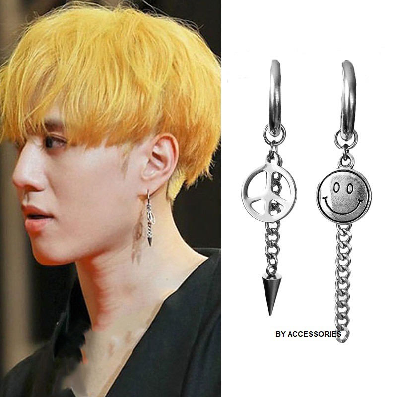 Bông tai titan unisex xích phối đinh mặt hòa bình và mặt cười Yugeom Got7 ko gỉ có 2 loại xỏ lỗ và kẹp