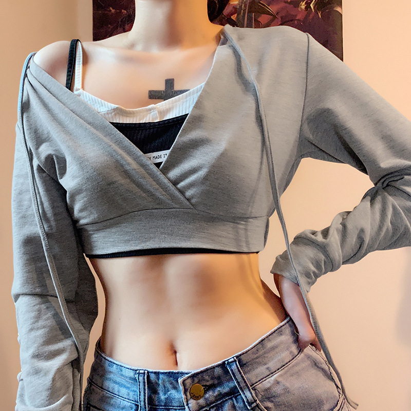 MODOU New Design Women Sexy Strap V-neck Long Sleeve Hoodie Crop Top | BigBuy360 - bigbuy360.vn