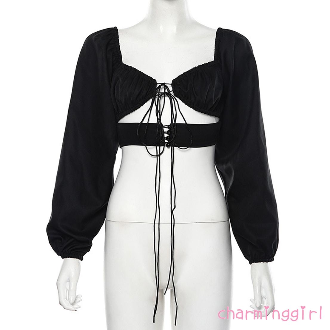 Áo crop top hở eo tay phồng buộc dây thời trang cho bạn gái | BigBuy360 - bigbuy360.vn