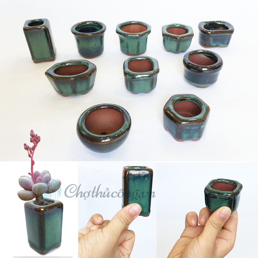 Set 10 mẫu Chậu gốm sứ Bát Tràng MINI có lỗ [Size M3-5xC3.5-5cm] chậu trồng bonsai, sen đá mini men hỏa biến