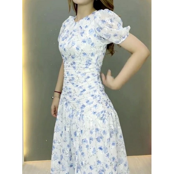 Đầm hoa nhí xếp ly eo cổ tròn - XU XU SHOP - Váy voan nữ thiết kế dáng xòe form xinh vải đẹp, may tỉ mỉ - ẢNH THẬT