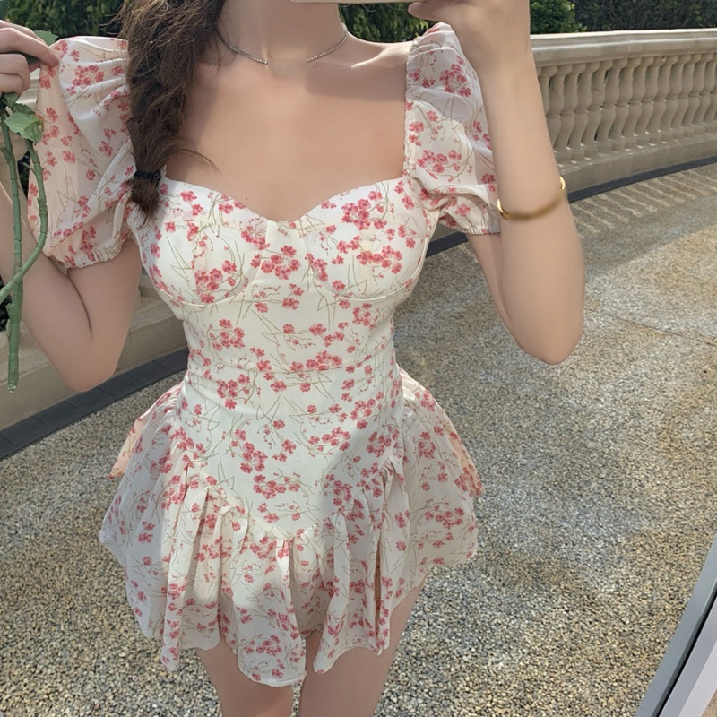 Brroa Đầm Tay Ngắn Phồng Cổ Vuông Xếp Ly Viền Bèo Nhún In Họa Tiết Hoa Phong Cách Pháp Cổ Điển Thời Trang Cho Nữ