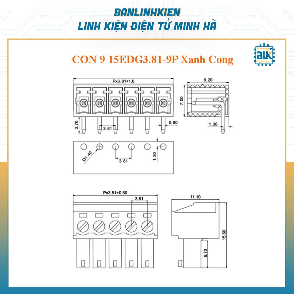 Đầu Nối, Cầu Đấu, Domino 15EDG3.81 Xanh Cong 9 Chân