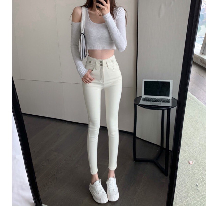 Quần jeans skiny ôm sát màu trắng kem lưng cao cho nữ