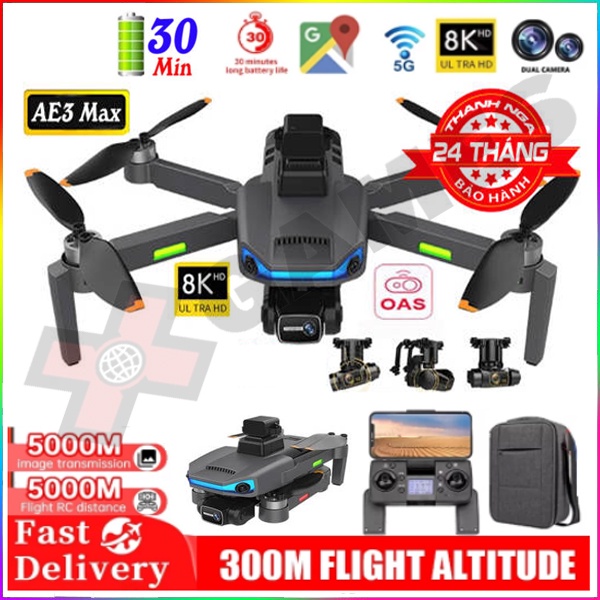 AE3 Drone Máy Bay Flycam AE3 Camera 8k Cao Cấp -Bay 30 Phút, Tầm Xa 5Km, Drone Mini 4k Định Vị G.P.S Tự Quay Trở Về