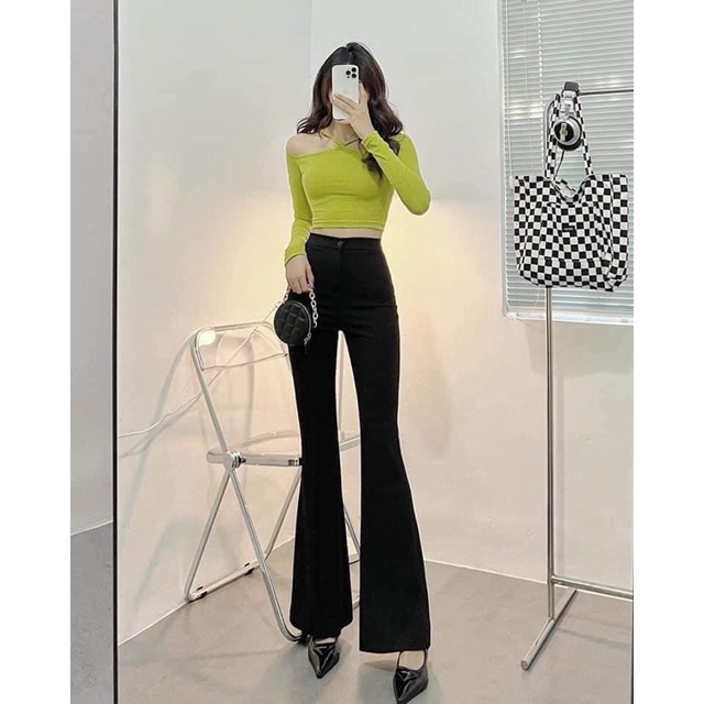 Quần ống loe cạp cao 1 cúc hack dáng chân dài phong cách hiện đại