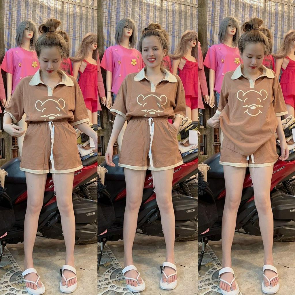 Sét Aó Thun Polo In Hình Phối Viền Quần Đùi Có Túi_Bộ Nữ Mặc Nhà Đáng YêU,Bảng Màu Xinh Xĩu