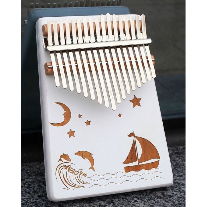 Đàn Kalimba gỗ 17 Phím Sơn Trắng Đen Khắc Hình, Âm Sắc Rõ Ràng, Không Tịt Phím, Đầy Đủ Phụ Kiện
