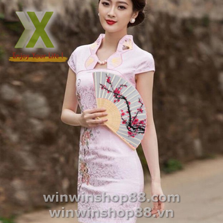 Quạt vải xếp họa tiết hoa anh đào, Quạt xếp cầm tay hoạ tiết hoa phong cách Trung Quốc trang trí sáng tạo - Andhere