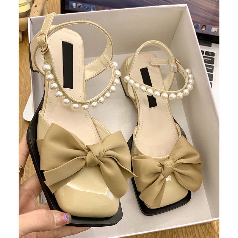 Giày mary jane nơ xinh KERRY mũi vuông cao 3cm quai ngọc phong cách vintage