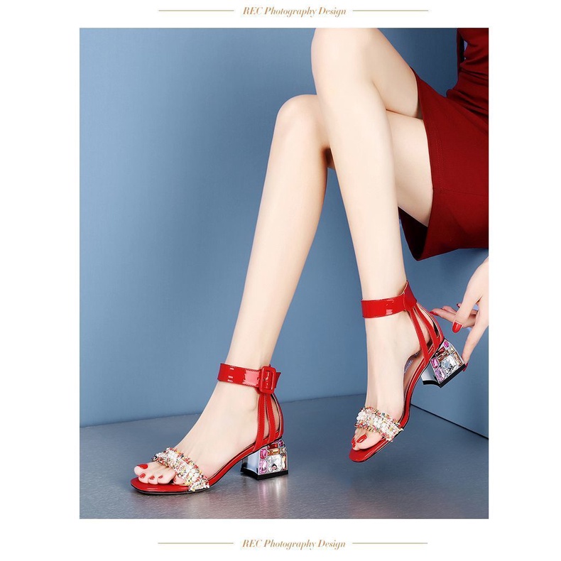 Women's long heel sandals 2022 summer new rhinestone buckle women's shoes thick heel soft leather women's shoes SgMd