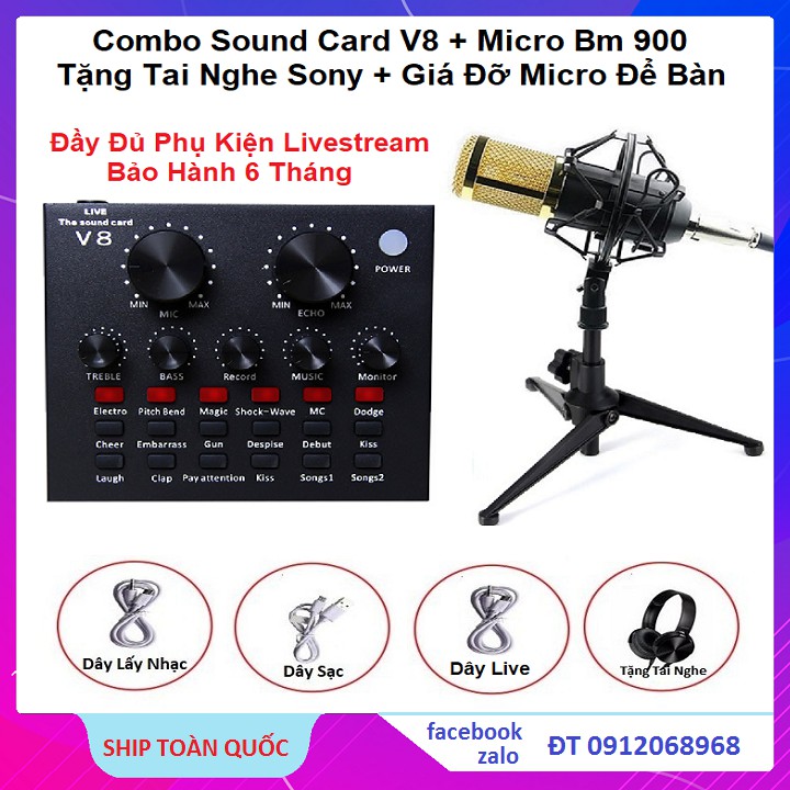 Trọn Bộ Thu Âm, Livestream - Combo Micro Bm 900 + Sound Card V8, Tặng Giá Đỡ Micro Để Bàn Và Tai Nghe Chụp Tai XB 450