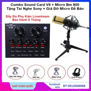 Trọn Bộ Thu Âm, Livestream - Combo Micro Bm 900 + Sound Card V8, Tặng Giá Đỡ Micro Để Bàn Và Tai Nghe Chụp Tai XB 450