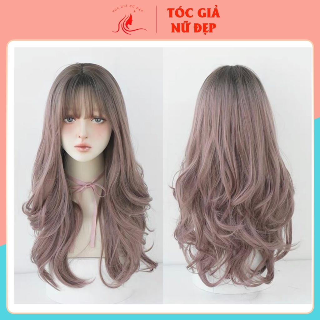 Tóc giả nữ nguyên đầu nhuộm chân đen xoăn nhẹ, tặng kèm lưới trùm tóc.