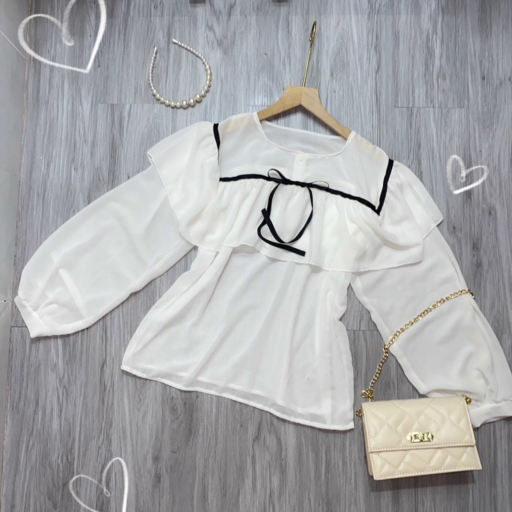 Áo sơ mi bèo tay phồng chất voan thoáng mát ,Áo sơ mi tiểu thư-LY STORE