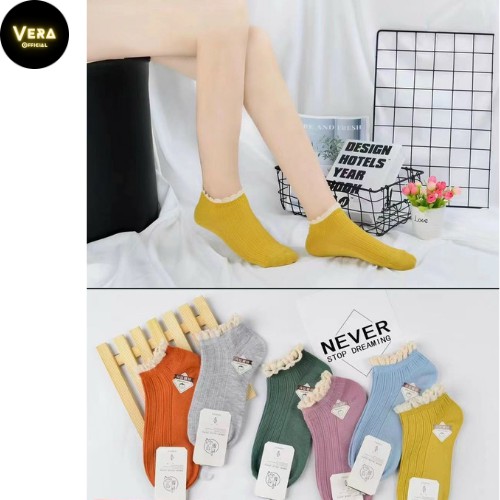 Set tất nữ cổ ngắn, vớ nữ cổ thấp phối ren bèo nhún Vintage chất lệu cotton Hàn Quốc_QS83