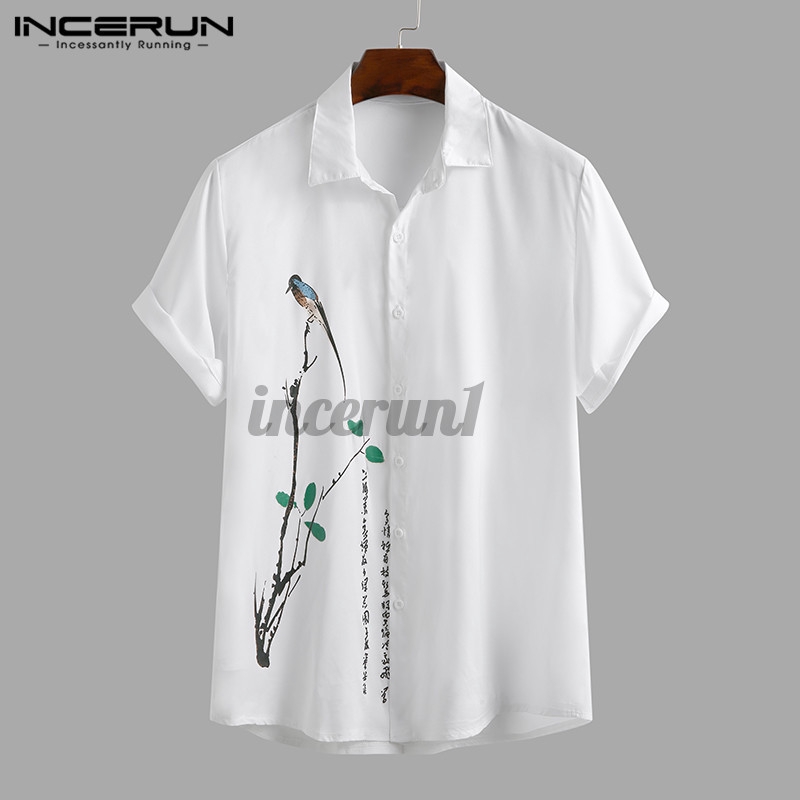 Áo sơ mi INCERUN tay ngắn in họa tiết cá tính cho nam