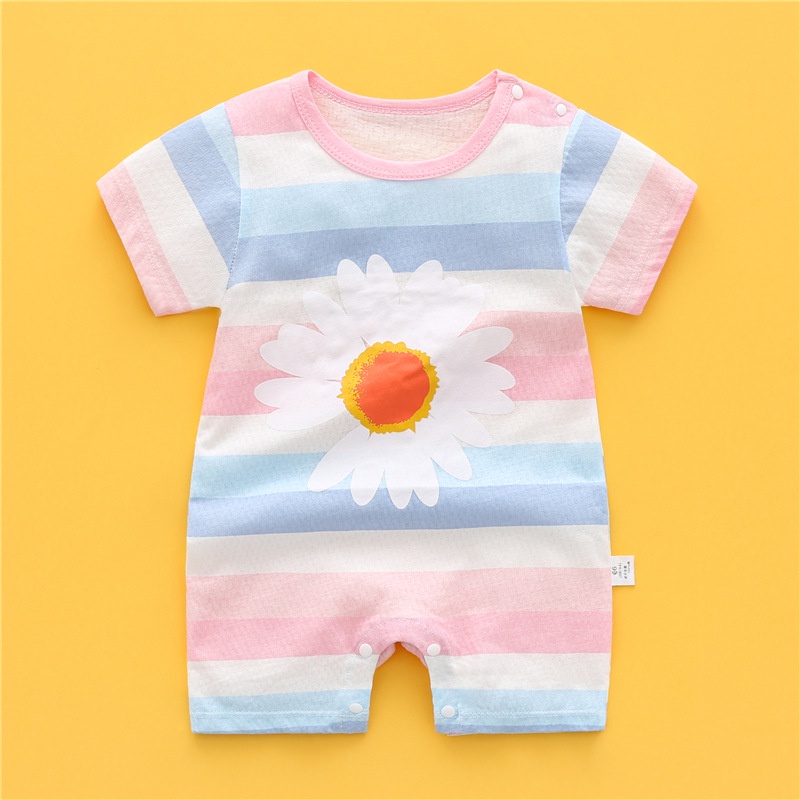 Bộ Áo Liền Quần Cotton Tay Ngắn Kẻ Sọc Cầu Vồng Hoạt Hình Dễ Thương Cho Trẻ Sơ Sinh
