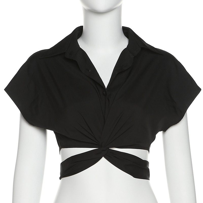 Áo Thun Đính Nút Phối Dây Ruy Băng Phong Cách Đường Phố Cá Tính Cho Nữ