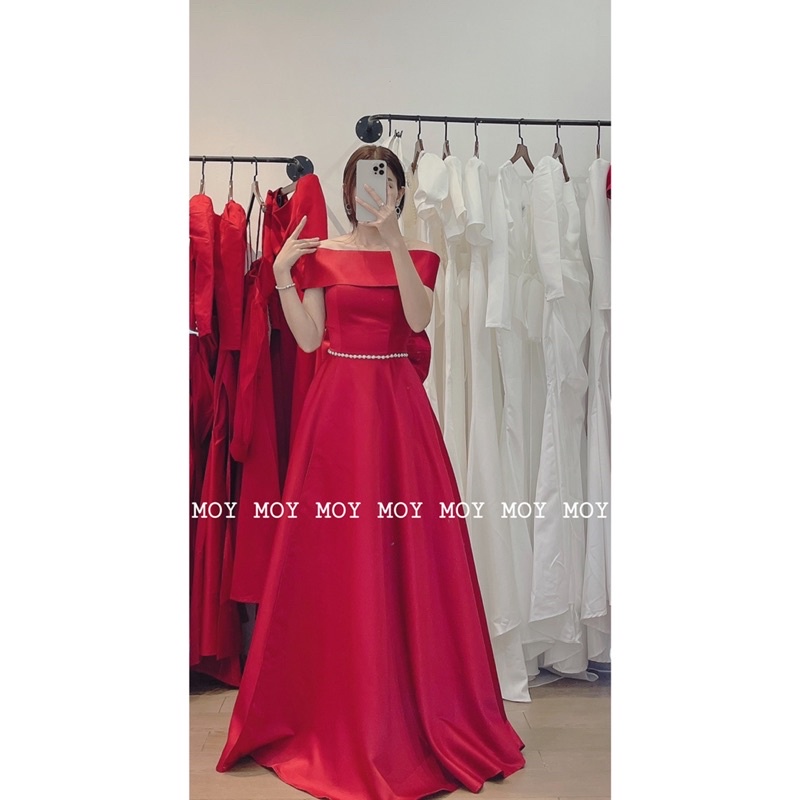 Váy cúp phi xòe xẻ bệt vai nơ đan lưng - Váy cưới thiết kế đơn giản-H316