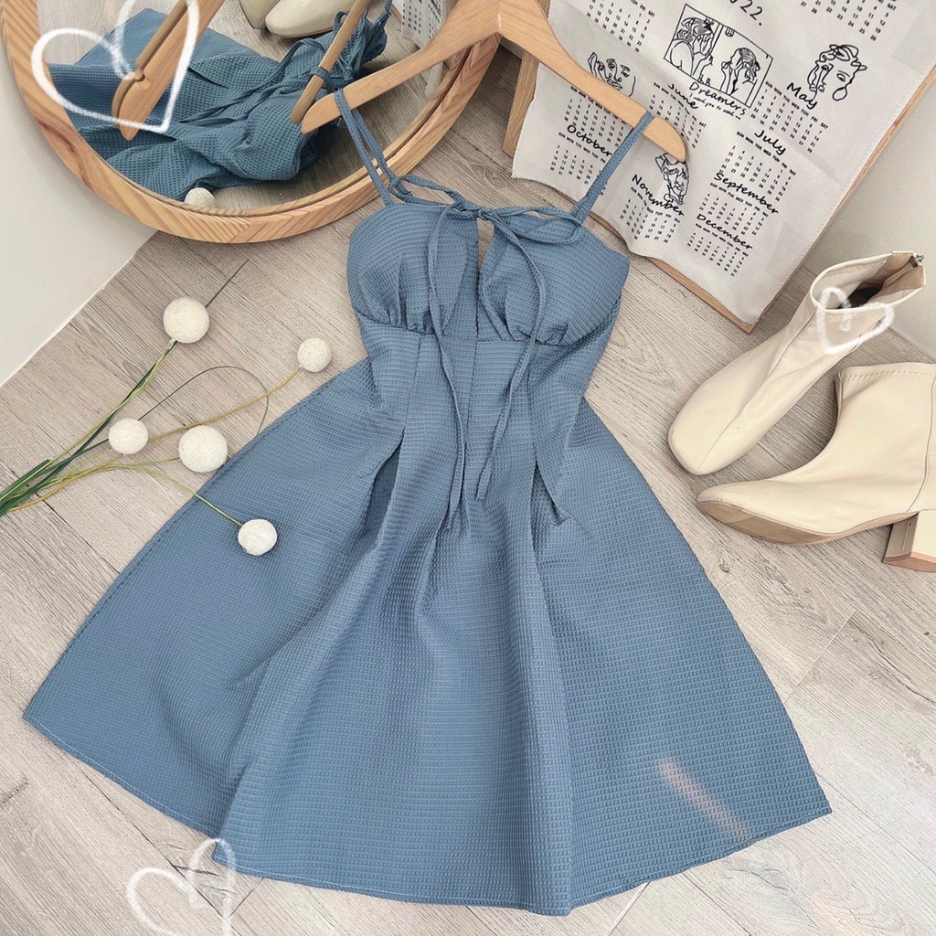 Đầm Xốp Hai Dây Xếp Eo Cúp Ngực Chữ V Có Mút Lót Kèm Ảnh Thật