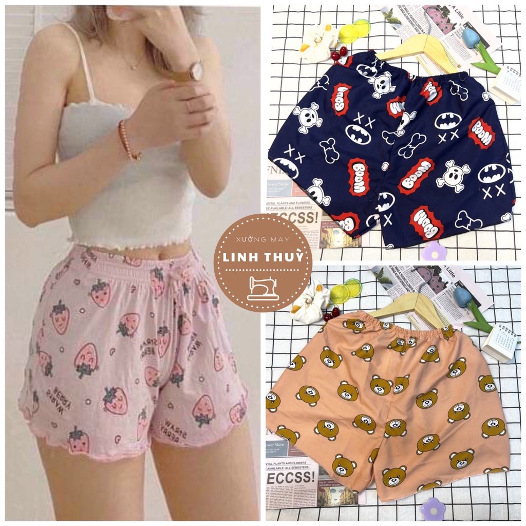 Quần đùi họa tiết ngẫu nhiên mặc ở nhà đi ngủ, kiểu dáng bánh bèo dễ thương cạp chun hàn quốc ulzzang