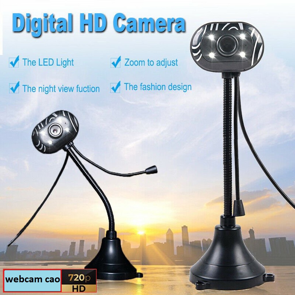 Webcam Chân Cao Đen Sọc Trắng 4 Đèn, Có Mic