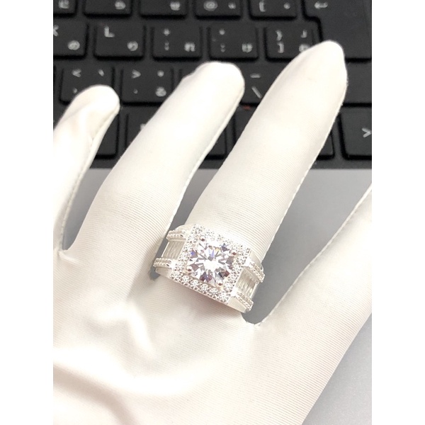 Nhẫn nam bạc 950 nạm đá kim cương nhân tạo ổ đá cao 8 ly-Minh Tân Jewelry