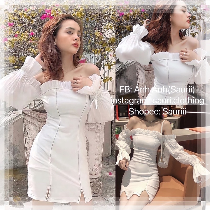 SẴN🖤Đầm trắng trễ vai ôm body xẻ đùi sang chảnh sexy quyến rũ đi tiệc/Váy tiểu thư tay lụa thắt nơ ulzzang công chúa