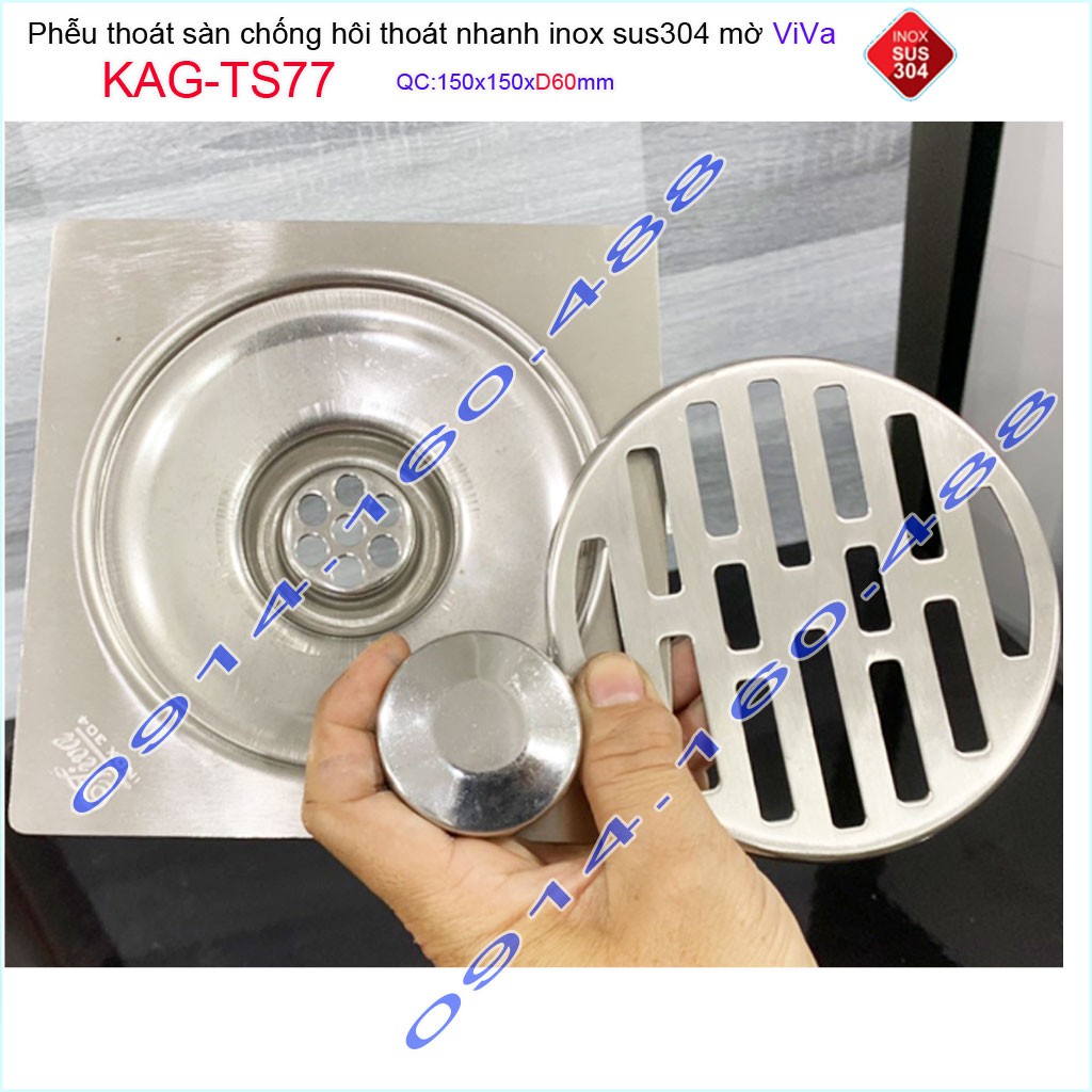 Phễu thoát sàn Viva KAG-TS77 15x15cm D60, phễu thoát sàn SUS304 đúc liền khối sales 40%, hố ga chống hôi inox 304 dày