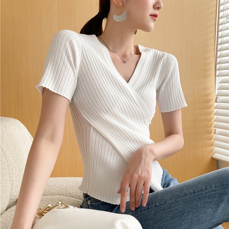 Áo Thun Dệt Kim Tay Ngắn Cổ Chữ V Màu Sắc Trơn Thời Trang Cho Nữ