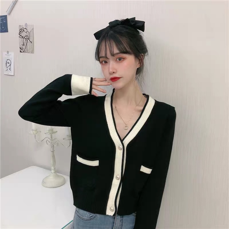Áo khoác cardigan dệt kim cổ chữ V phong cách Pháp thời trang dành cho nữ