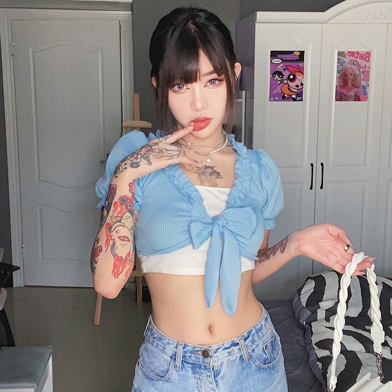 Áo Thun Gân Croptop Viền Bèo Thắt Ngực Dáng Ngắn Ôm Body Sexy Tôn Dáng Cổ V Ngắn Tay TV-FASHION