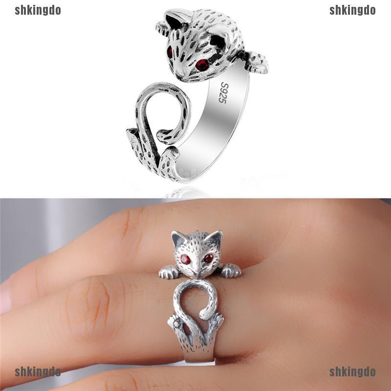 Nhẫn hình mèo đính đá phong cách Boho cổ điển thời trang