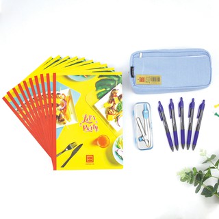 [TẶNG SỔ FLASH CARD ECO] Combo "Thông minh" Hồng Hà- 10 Vở kẻ ngang Let's Party 80tr, Compa, 5 Bút semigel & Túi bút vải