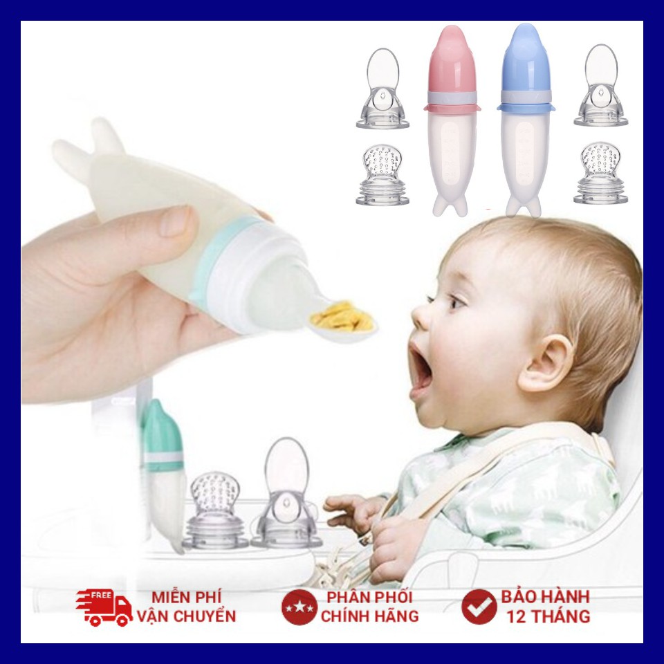 Bình thìa ăn dặm silicone 2in1 siêu mềm hình cá heo kèm núm nhai ăn dặm thông minh chống hóc cho bé Sami Nhật bản