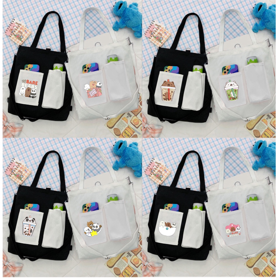 Túi Vải Tote Kiêm Balo ba anh em gấu TBL3 molang pusheen gấu brown tonton bé đào khủng long hoàng đế mèo capoo