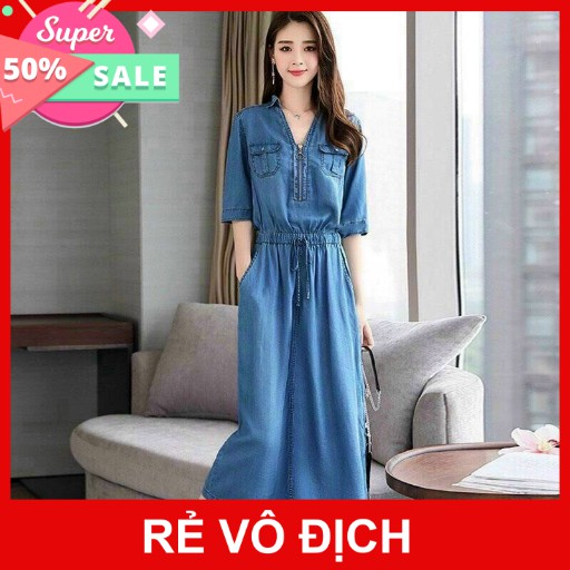 [Ảnh Thật] Đầm Xòe Đẹp Jean Mềm Cao Cấp Váy Dài Qua Gối Dự Tiệc, Công Sở, Đám Cưới, Đi Biển Cổ V Sơ Mi Sang Trọng