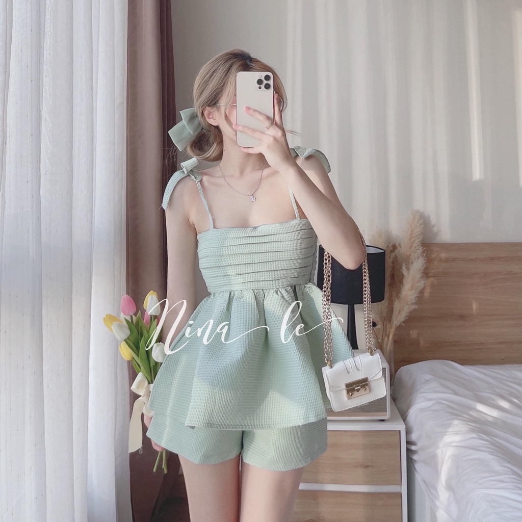 Sét bộ đồ nữ váy xòe 2 dây xếp ly phối quần đùi màu sắc đa dạng đi chơi, đi biển