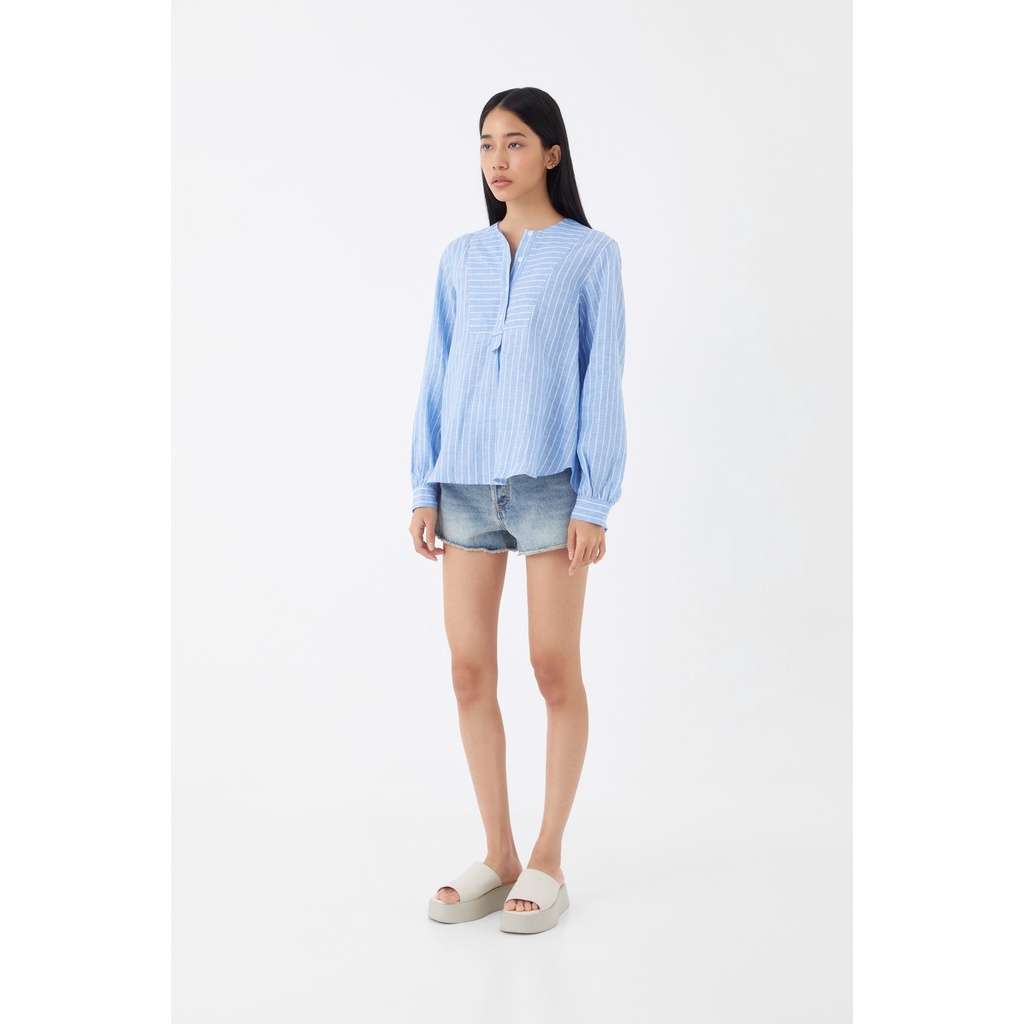 TheBlueTshirt - Áo Sơ Mi Nữ Vải Lanh Xanh Dương Sọc Trắng - Earth Linen Shirt - 100% Linen Blue Stripe