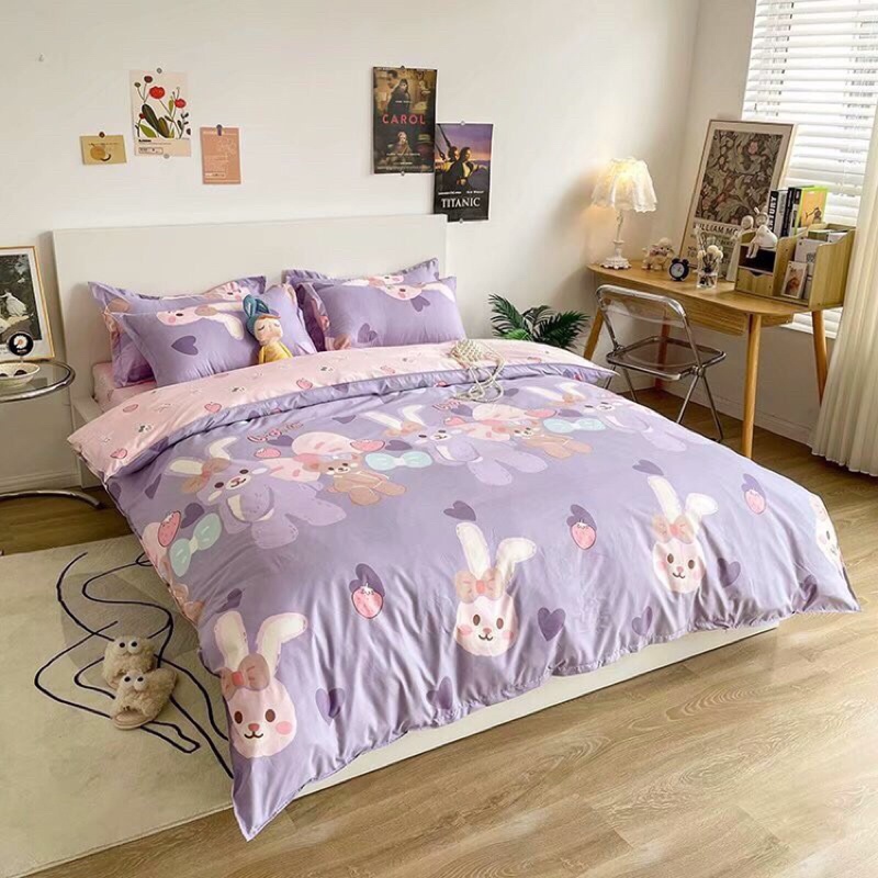 Bộ chăn ga poly nhập khẩu chần bông dày liền ruột-mẫu thỏ Stella tím pastel | BigBuy360 - bigbuy360.vn